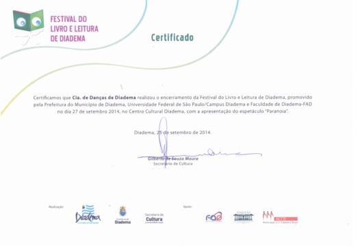 Certificado Festival do Livro e Leitura de Diadema